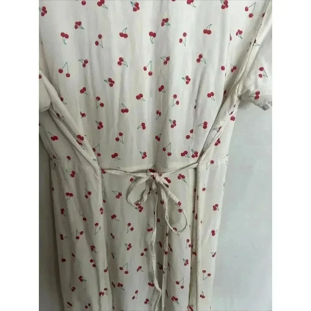 Cherry Print Retro Rockabilly Mini Dress Button Down Tie Back SO Size Large